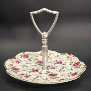Vintage Lefton Rose Chintz Candy Dish With Handle Hand Painted 6” Wide Beautiful